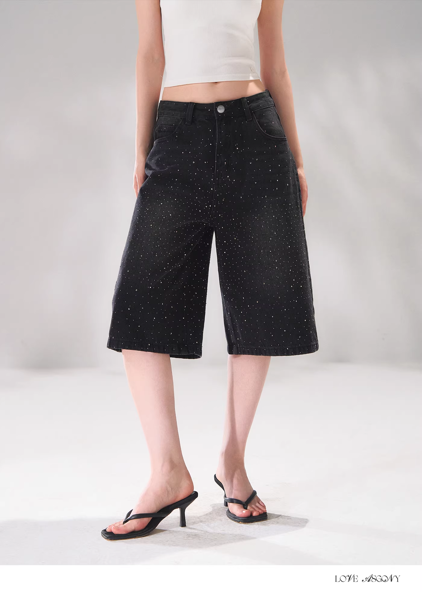 AsGony ASG26070 Rhinestone washed wide leg denim cropped pants