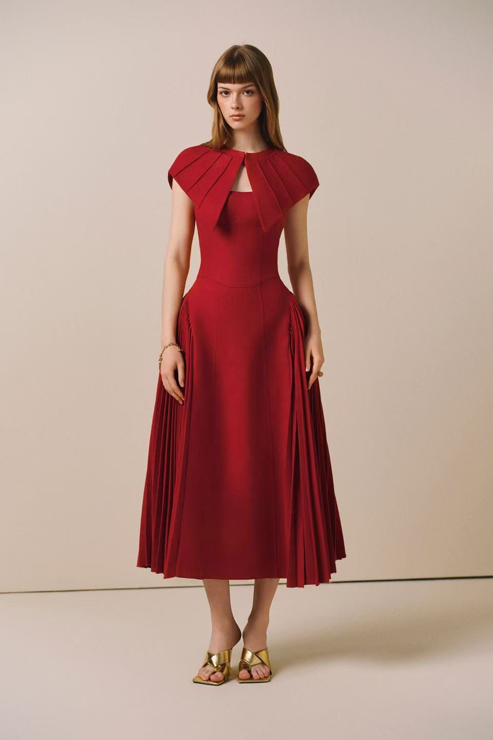 CICI JARDIN Pleated Midi Dress + Cape