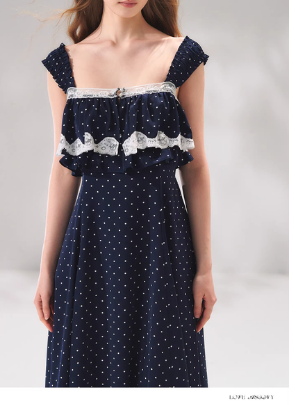 AsGony ASG26056 French lace patchwork camisole polka dot dress