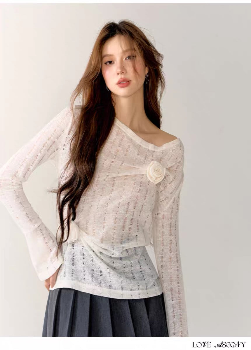 AsGony One Shoulder Rose Top(2color)