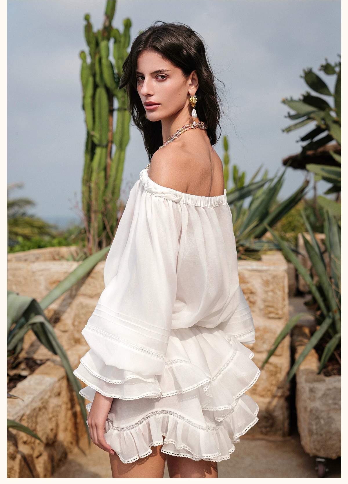 SHEERLUCK SLLYQ26409 Venier Layered Chiffon Off-Shoulder Dress
