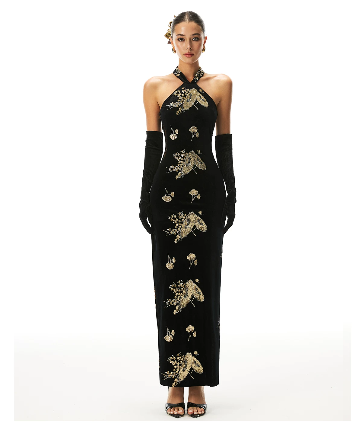 FIND YA WINGS Velvet Halter Beaded Cheongsam