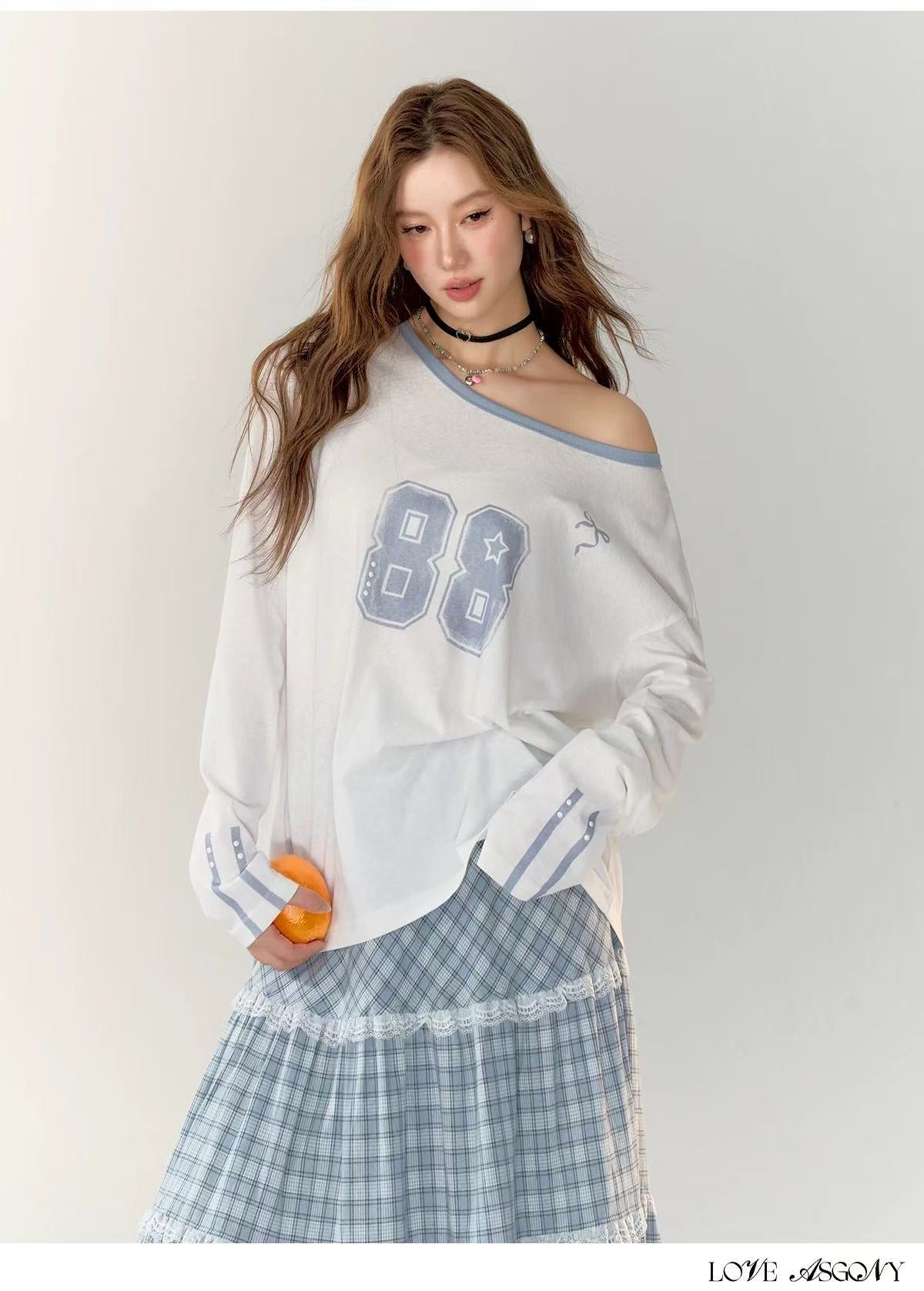 AsGony ASG24722 ASG24723 Slanted shoulder hoodie + Plaid skirt