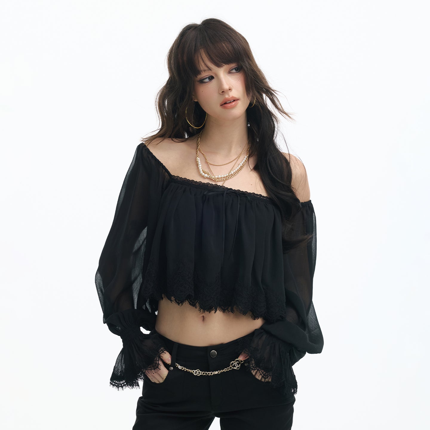 Serene Ease Off shoulder lace patchwork top