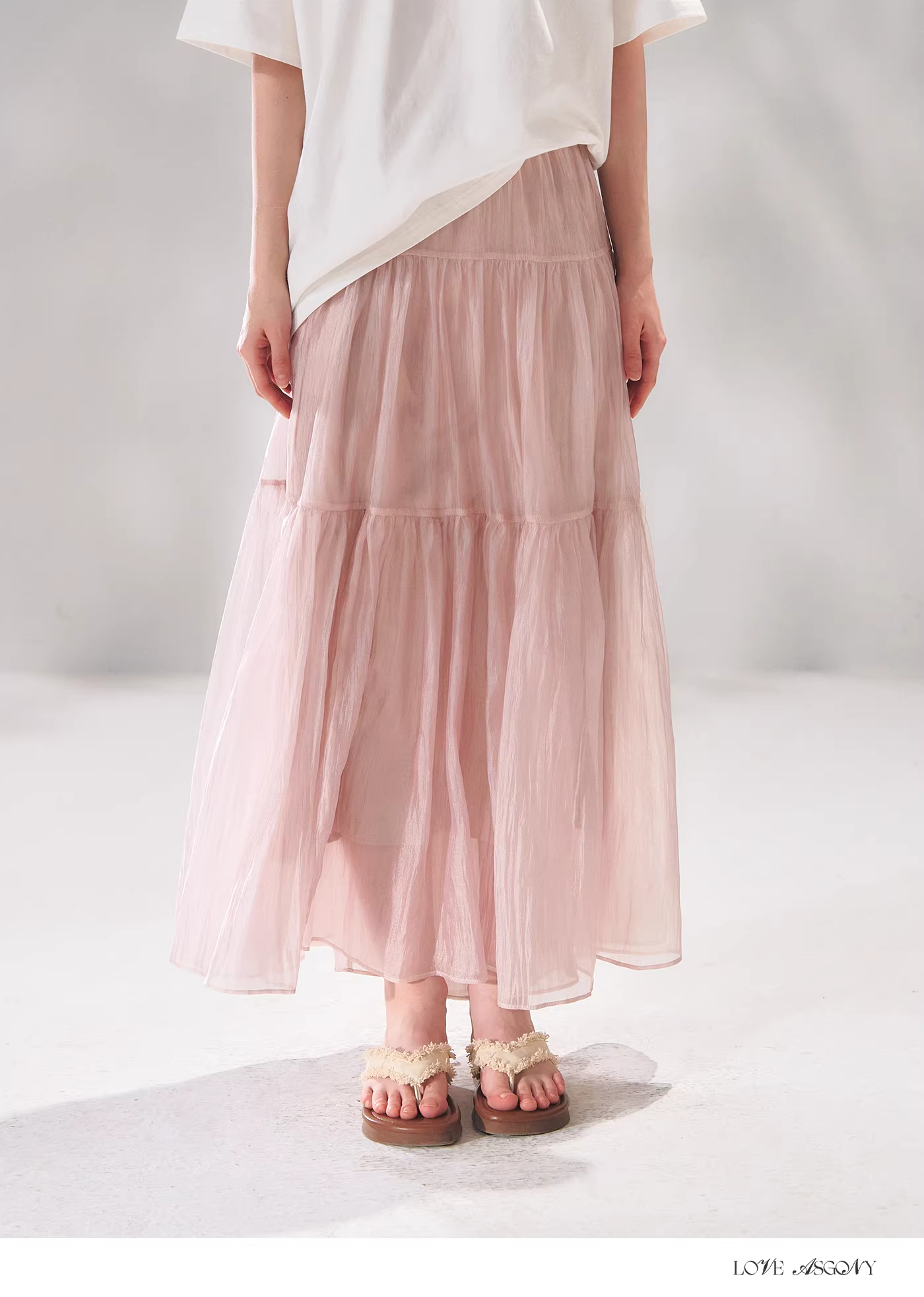 AsGony ASG26103 Pearlescent texture A-line spliced tiered skirt
