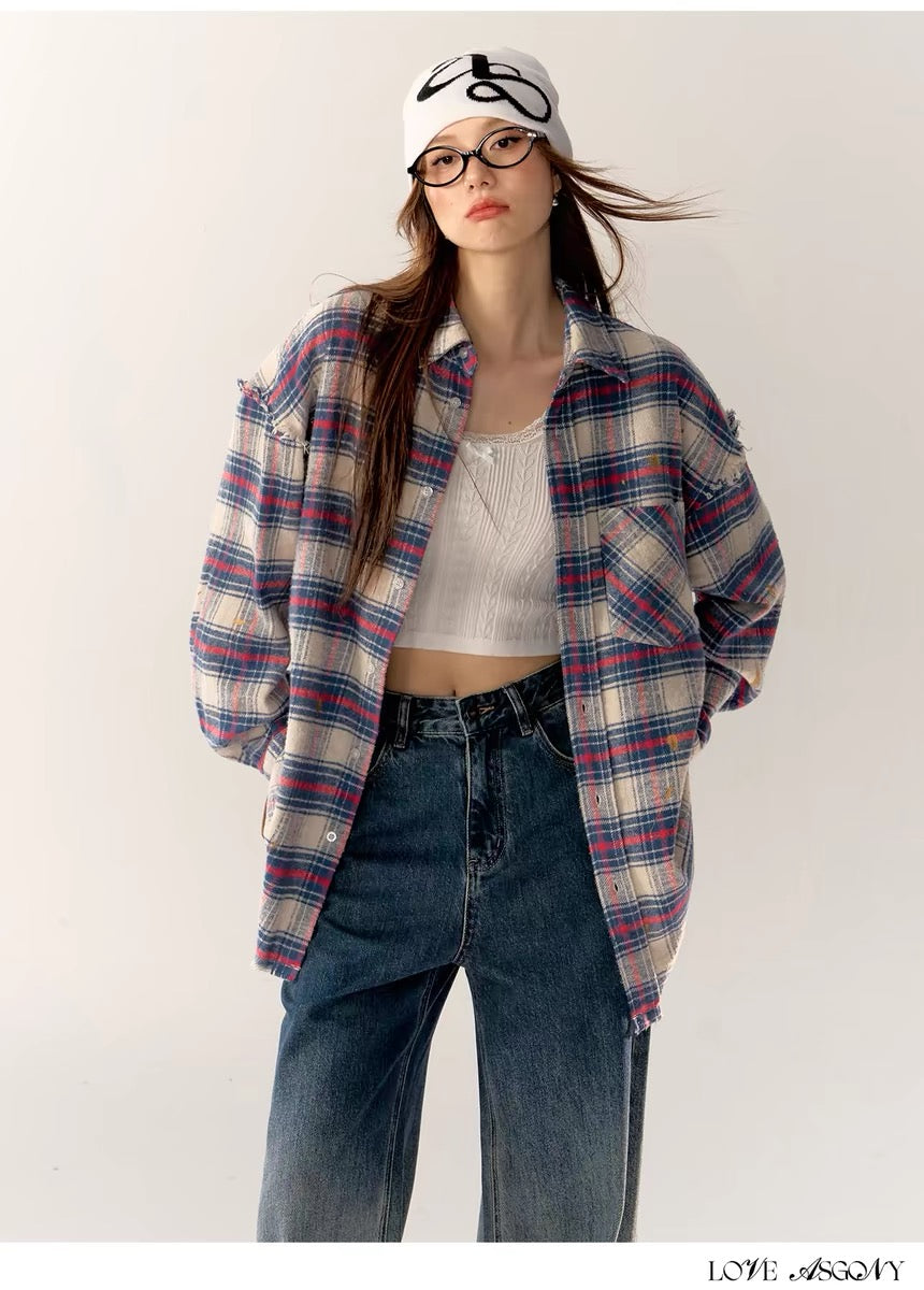 AsGony Label Grid Shirt &amp; High Waist Jeans