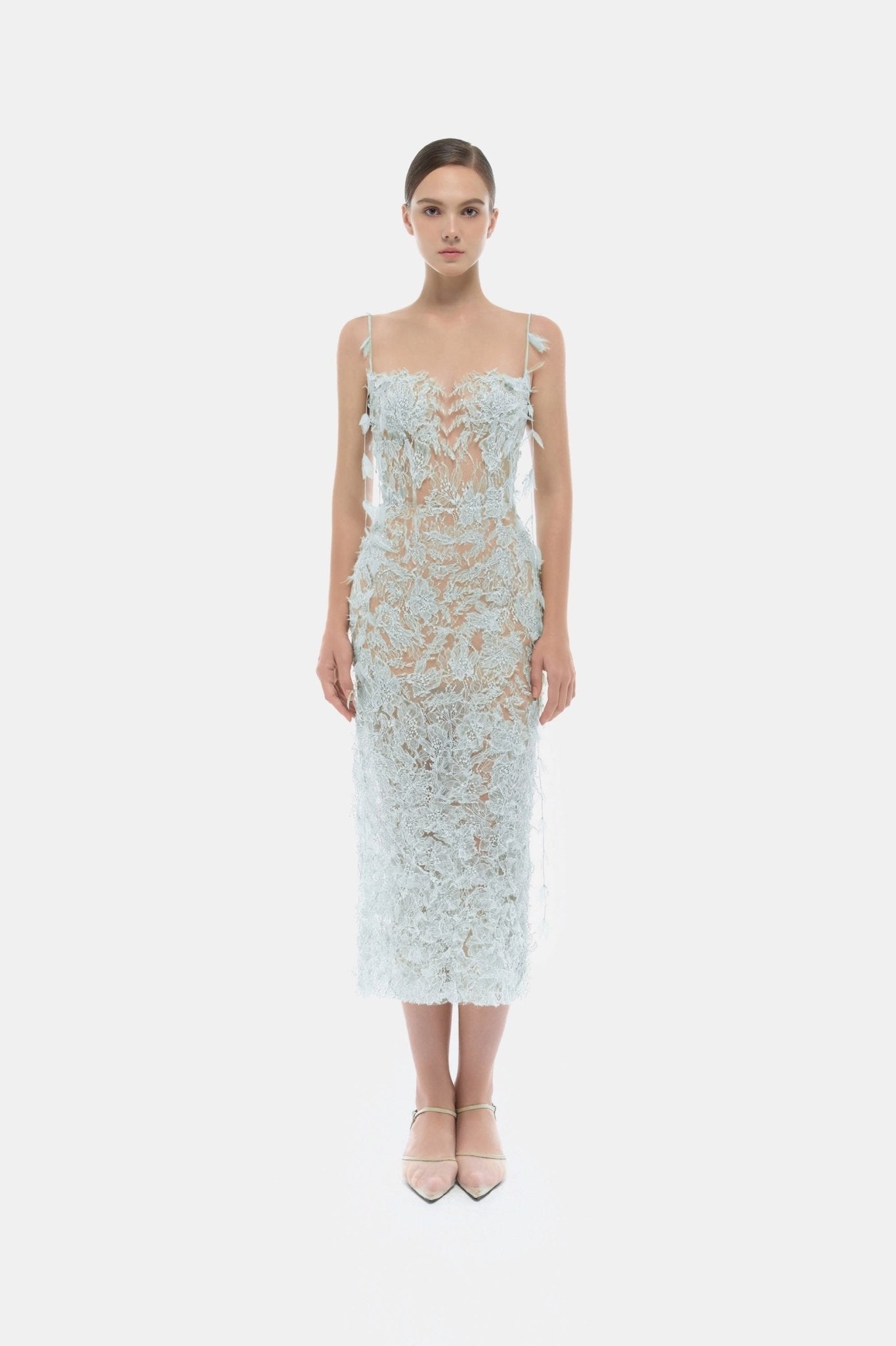 Lobbster Baby Blue Beaded Lace Pencil Dress