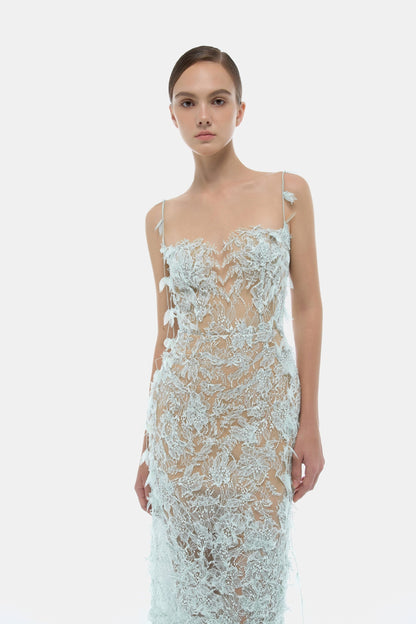Lobbster Baby Blue Beaded Lace Pencil Dress