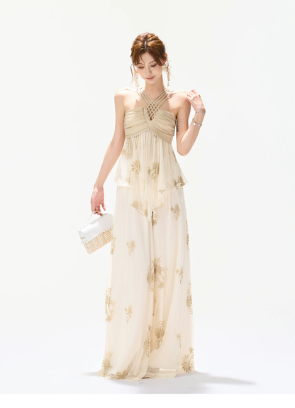 CYNR Soft Chiffon Halter Wide Leg Pants Set