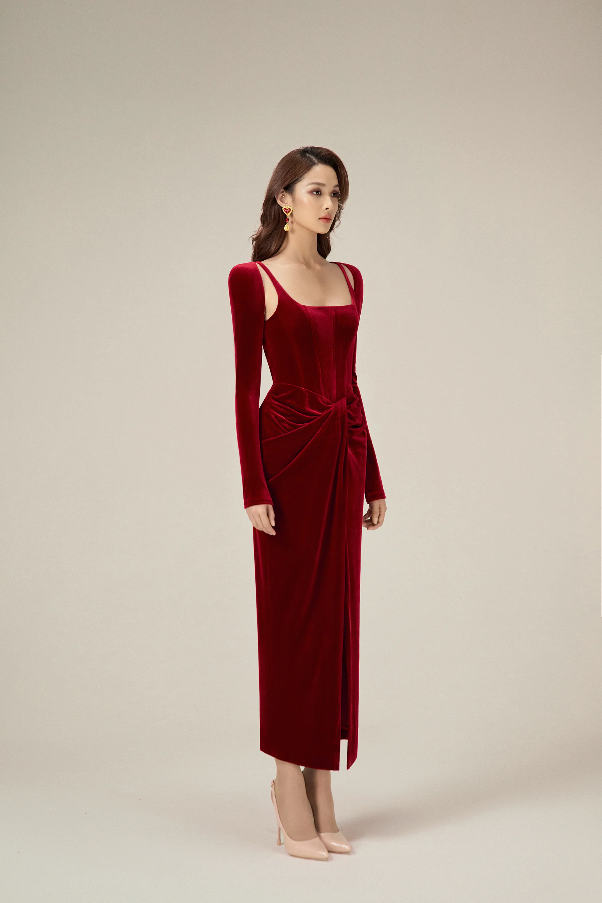 LOBBSTER BORDEAUX VELVET DRAPED DRESS