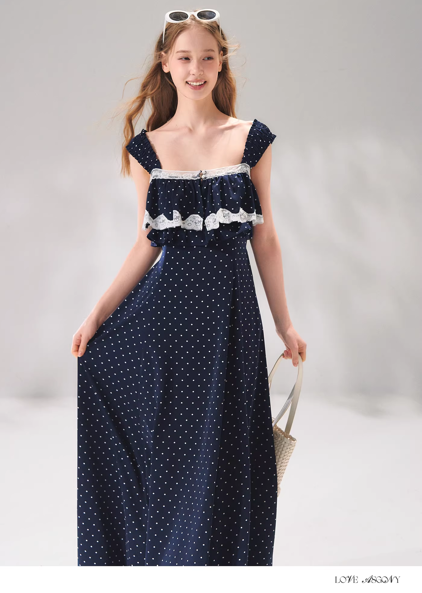 AsGony ASG26056 French lace patchwork camisole polka dot dress