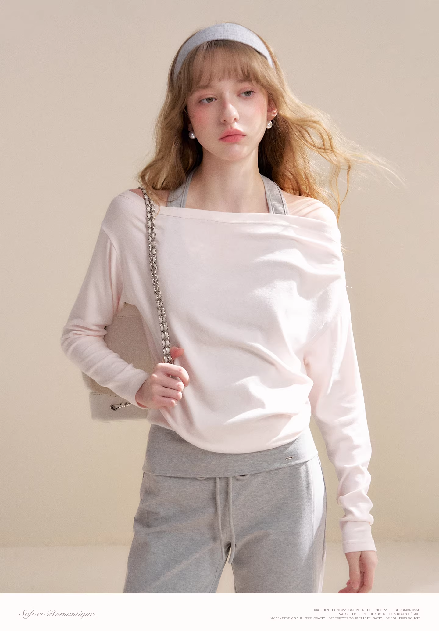 Kroche KZY8071&amp;KZY8072 Off shoulder contrasting T-shirt + pants