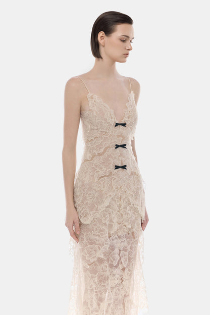 Montsand Beige Floral Bow Vneck Midi Dress