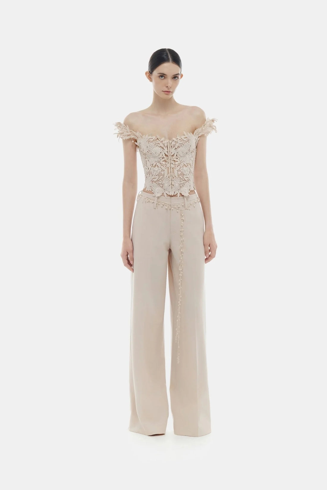 Montsand Beige Flower Beaded Corset Top
