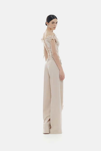 Montsand Beige Flower Beaded Corset Top