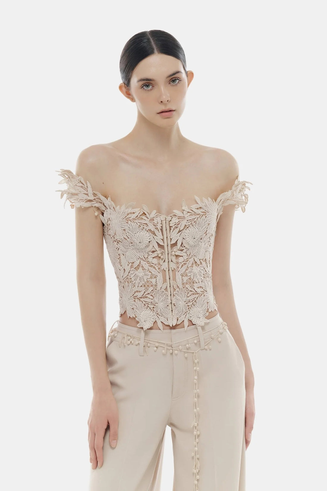 Montsand Beige Flower Beaded Corset Top