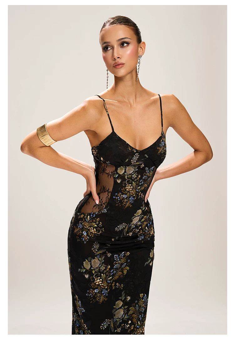 FIND YA WINGS Sheer Mesh Cut-out Waist Panel Midi Dress