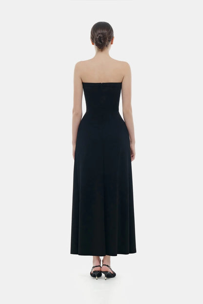 Montsand Black Bow Ruched Midi Dress