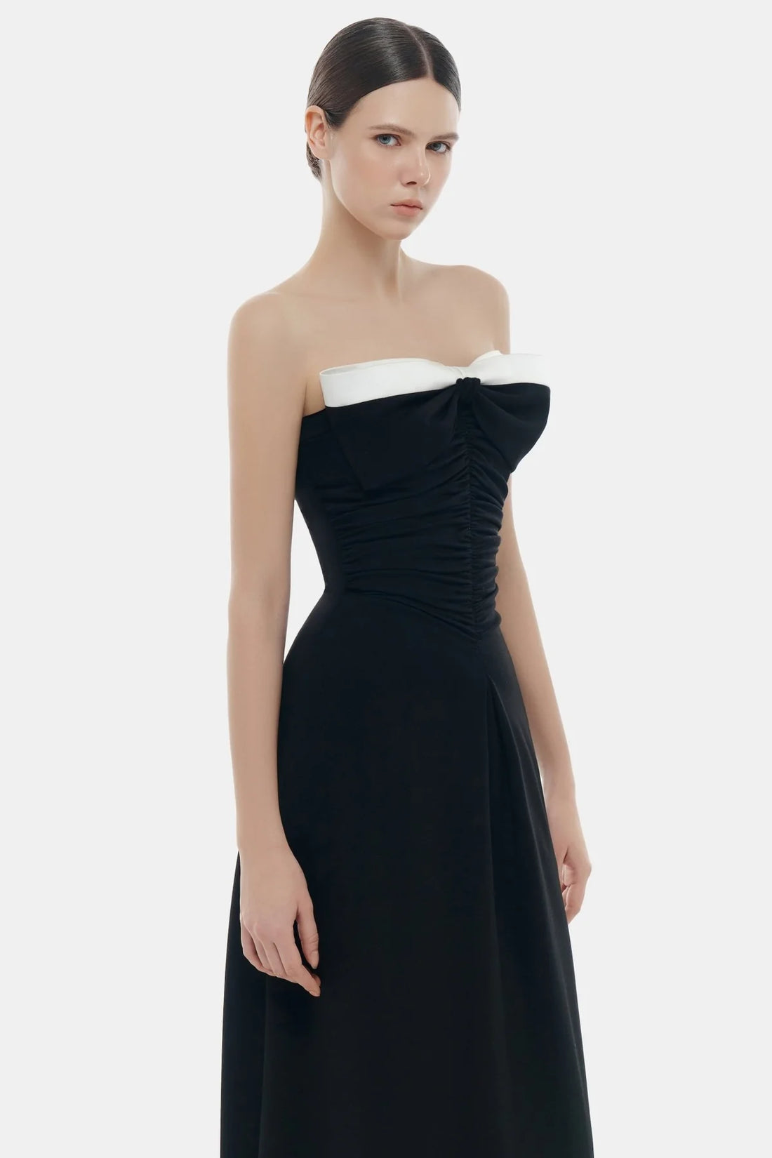 Montsand Black Bow Ruched Midi Dress