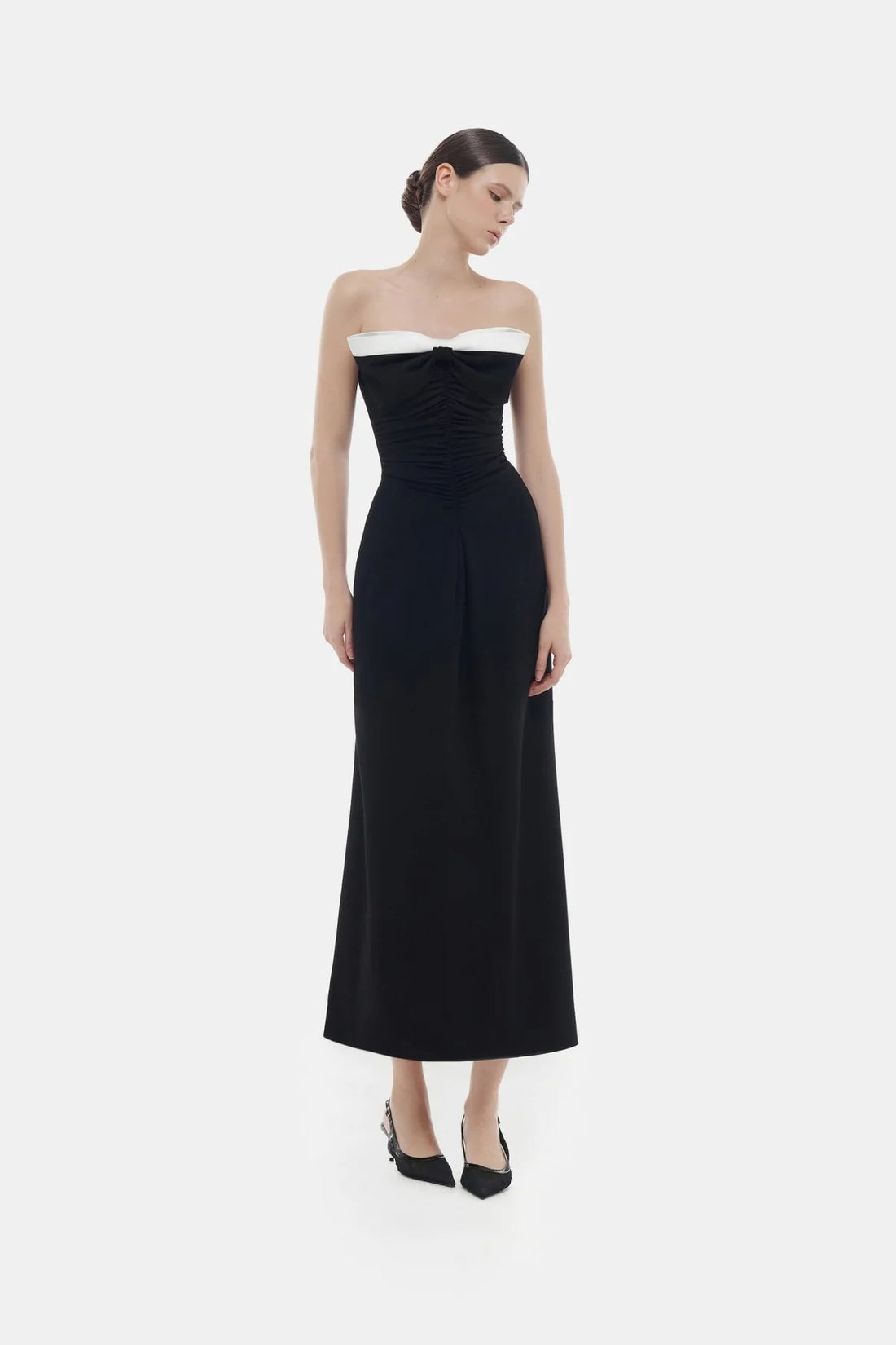 Montsand Black Bow Ruched Midi Dress