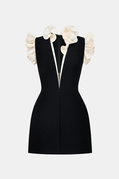 Montsand Black Ruffle V-neck Mini Dress