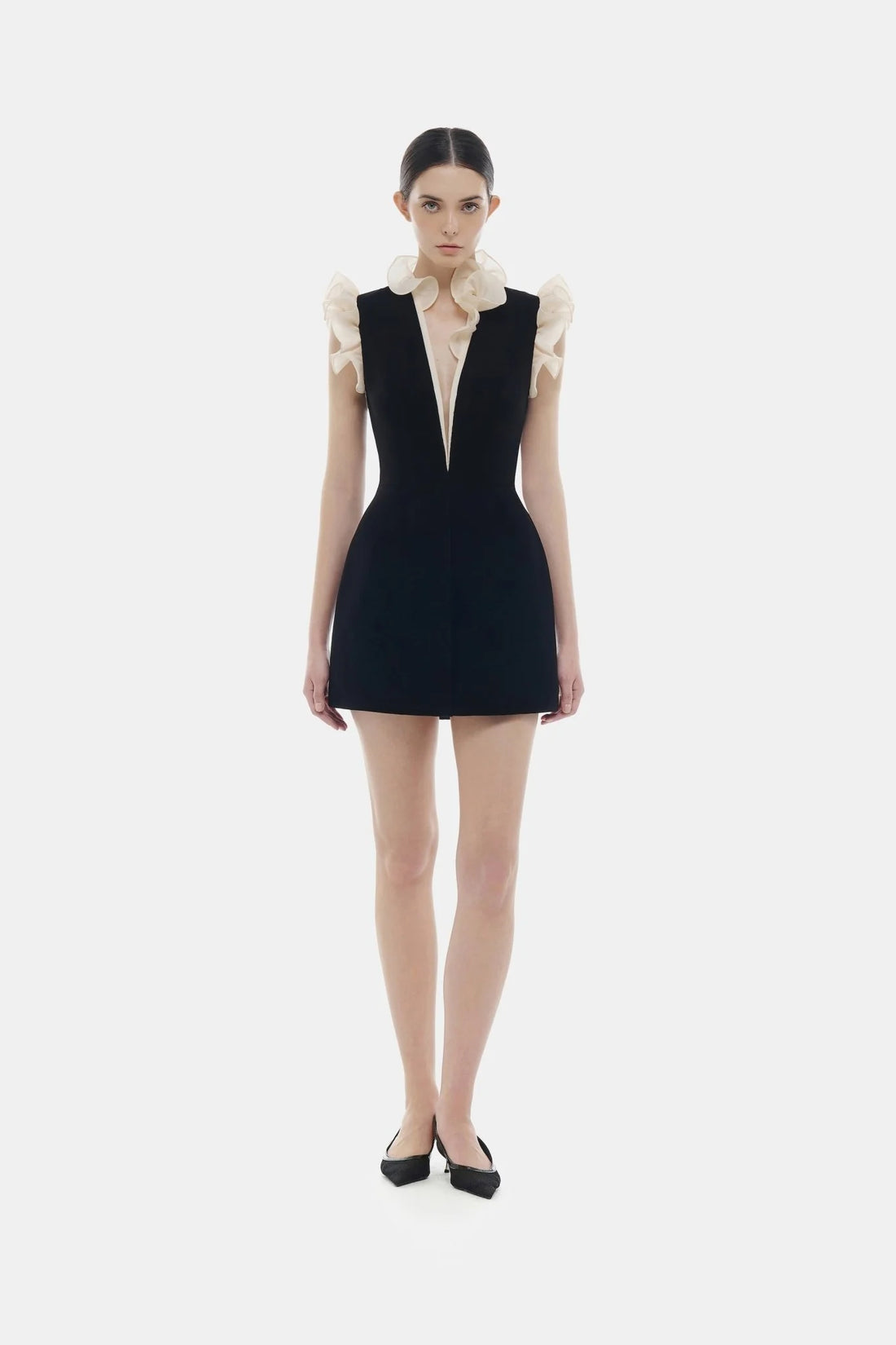 Montsand Black Ruffle V-neck Mini Dress