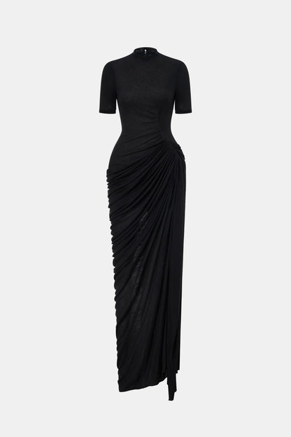 Montsand Black Short-sleeves Ruched Maxi Dress