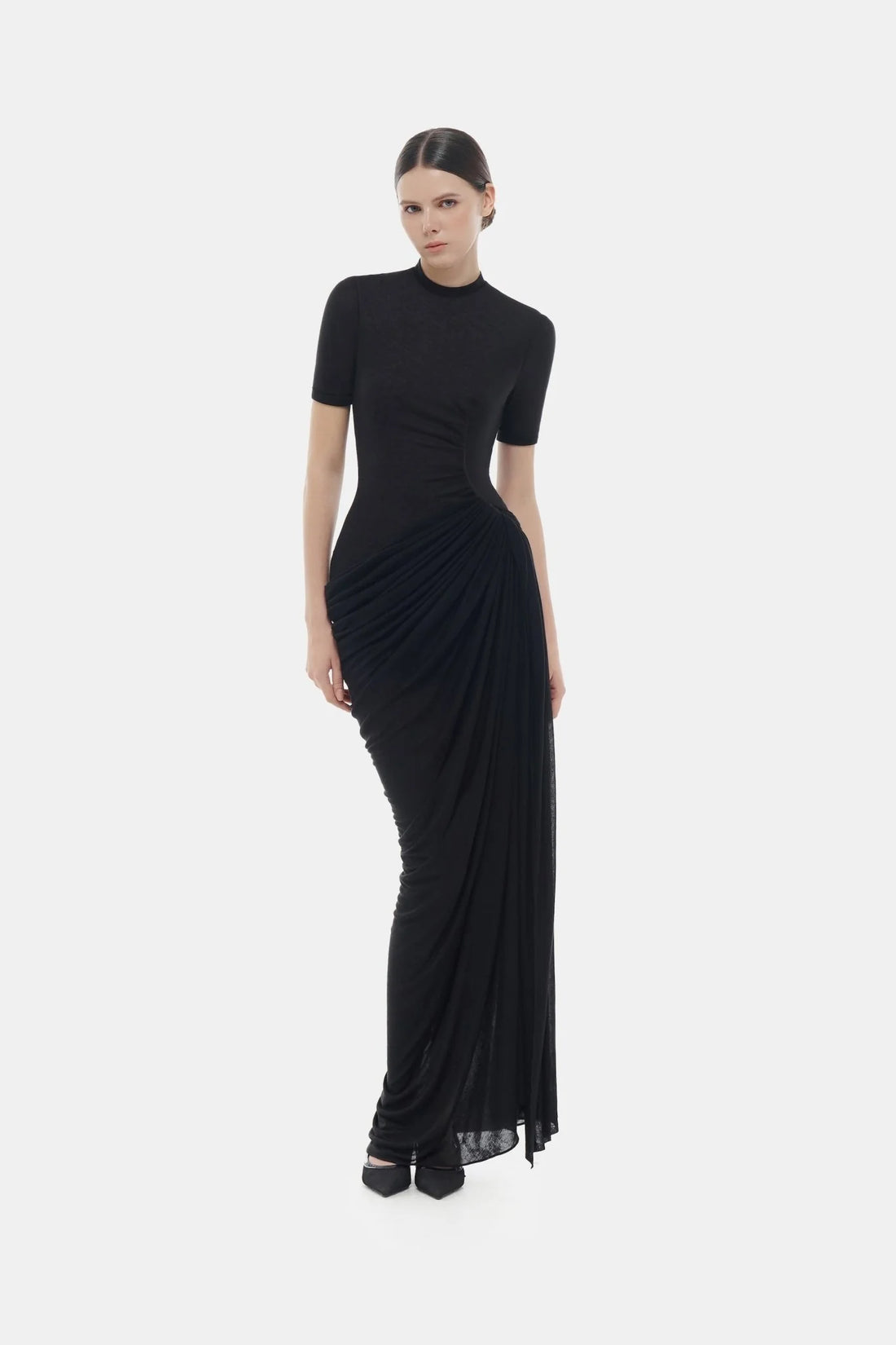 Montsand Black Short-sleeves Ruched Maxi Dress