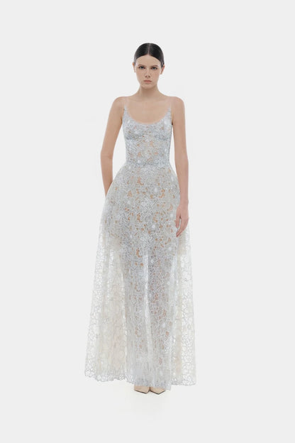 Montsand Blue Flower Lace Maxi Dress