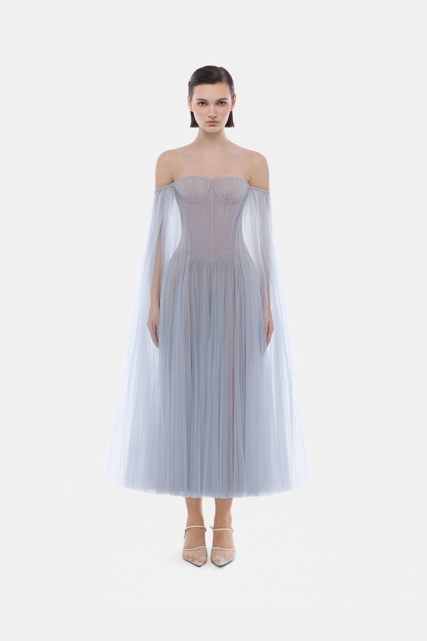 Montsand Blue Tulle Off-shoulder Midi Dress