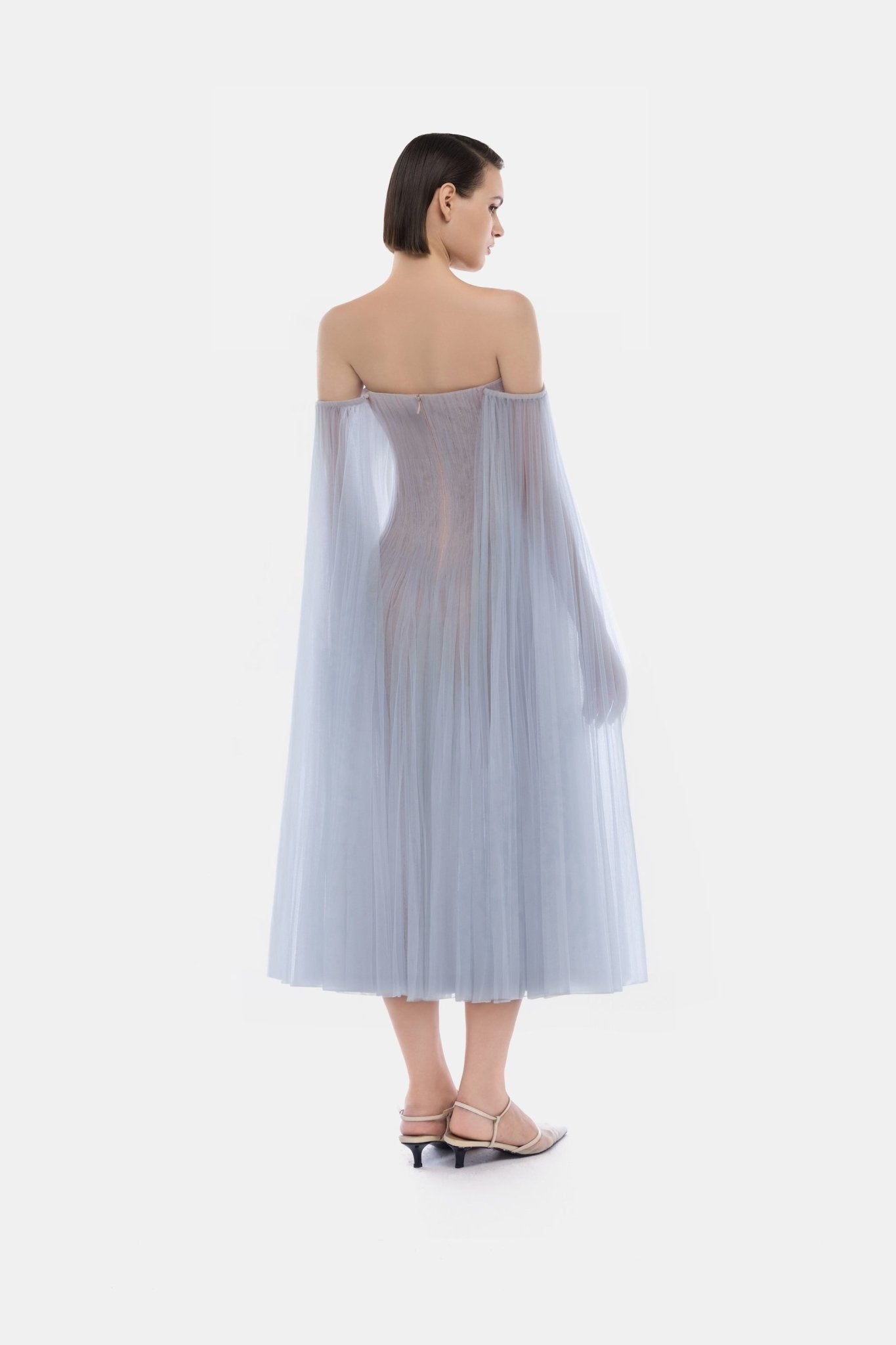 Montsand Blue Tulle Off-shoulder Midi Dress
