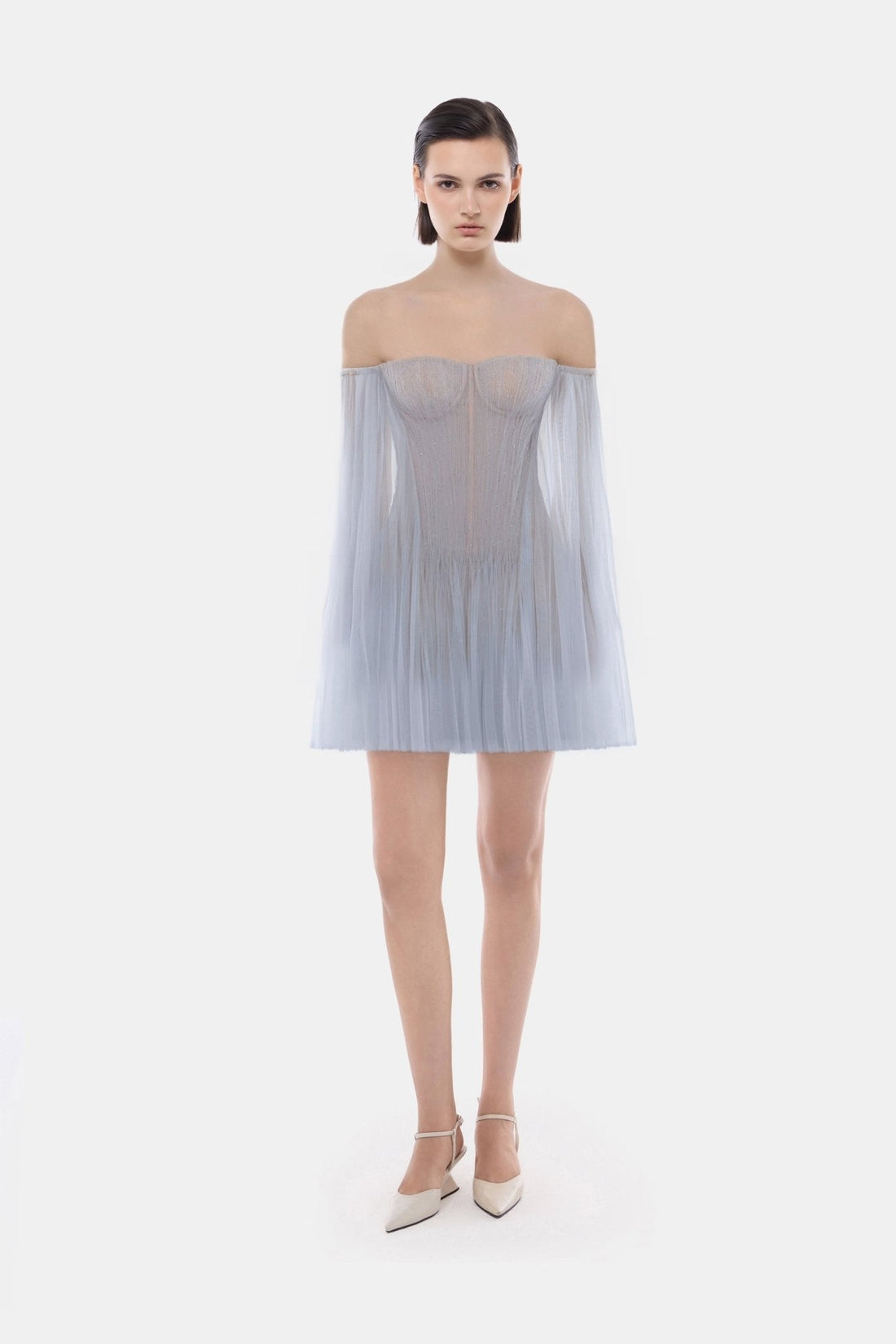 Montsand Blue Tulle Off-shoulder Mini Dress