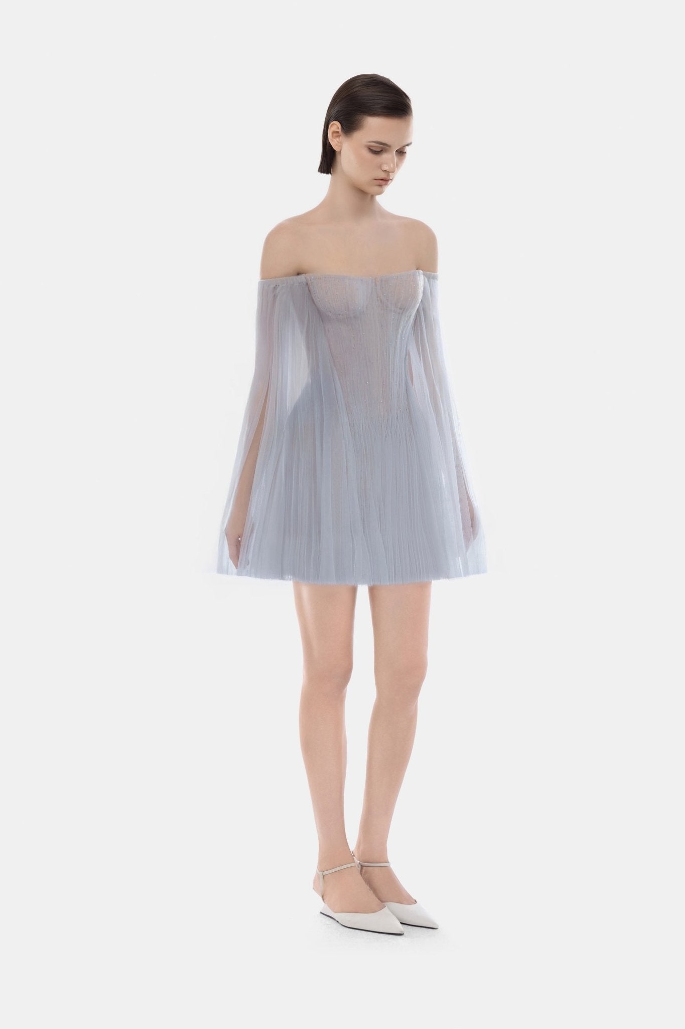 Montsand Blue Tulle Off-shoulder Mini Dress