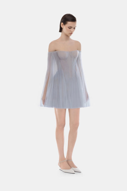 Montsand Blue Tulle Off-shoulder Mini Dress