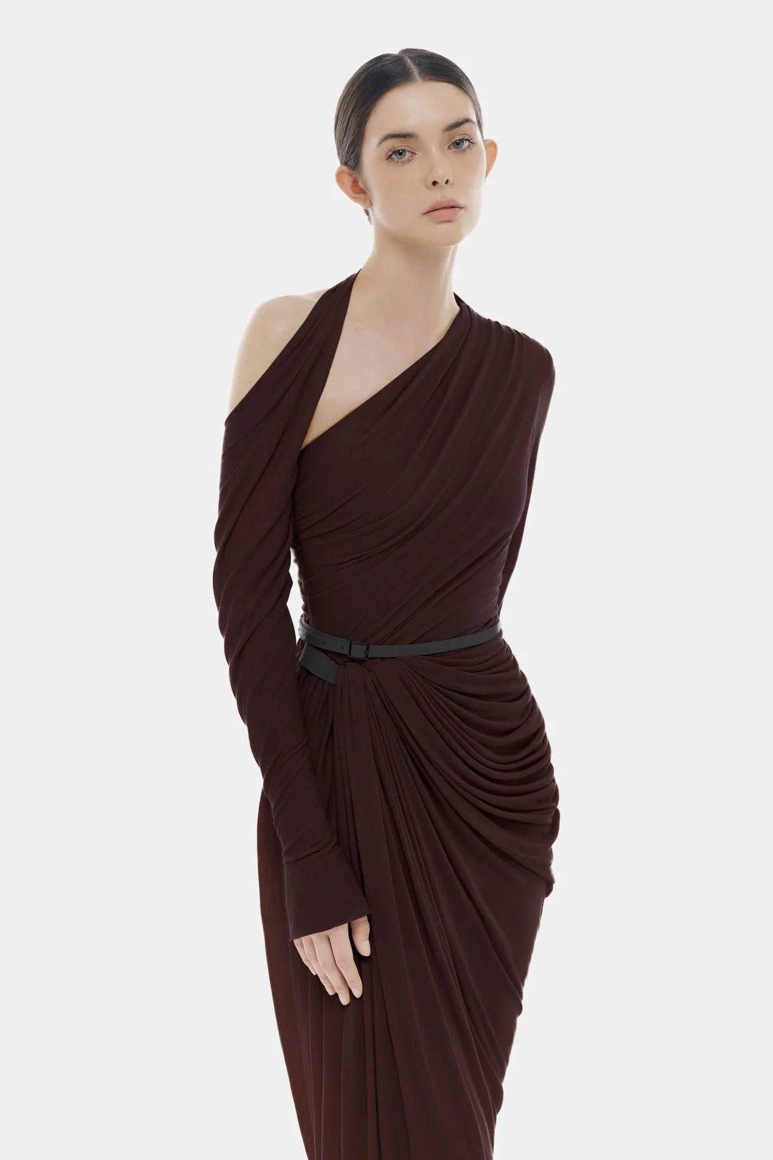 Montsand Brown Draped Asymmetric Maxi Dress