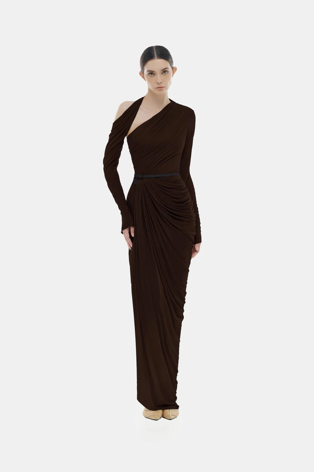 Montsand Brown Draped Asymmetric Maxi Dress