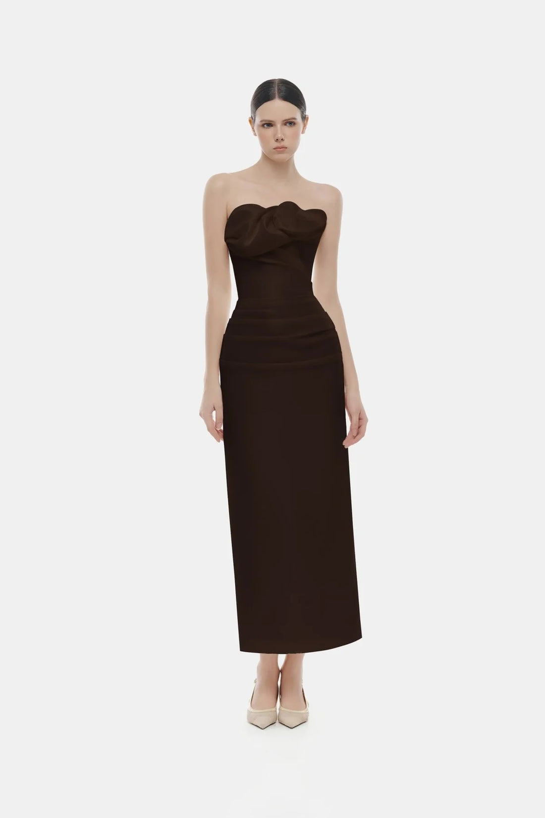 Montsand Brown Draped Tube Midi Dress