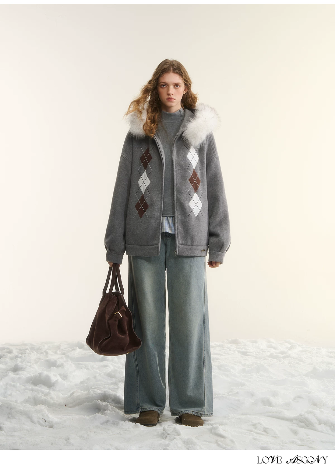 AsGony ASG25555 Diamond-quilted Hooded Cardigan with Furry Collar