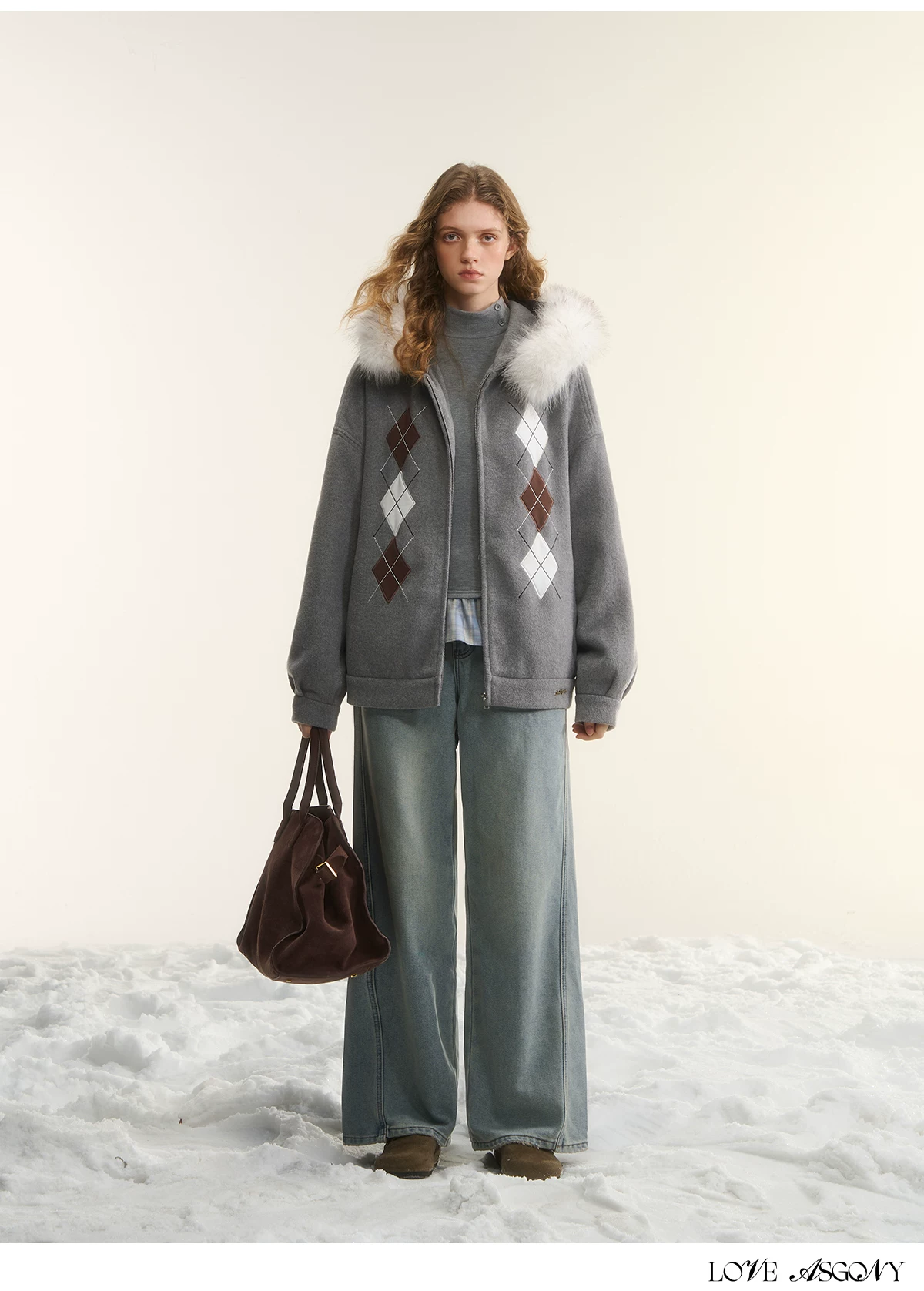 AsGony ASG25555 Diamond-quilted Hooded Cardigan with Furry Collar