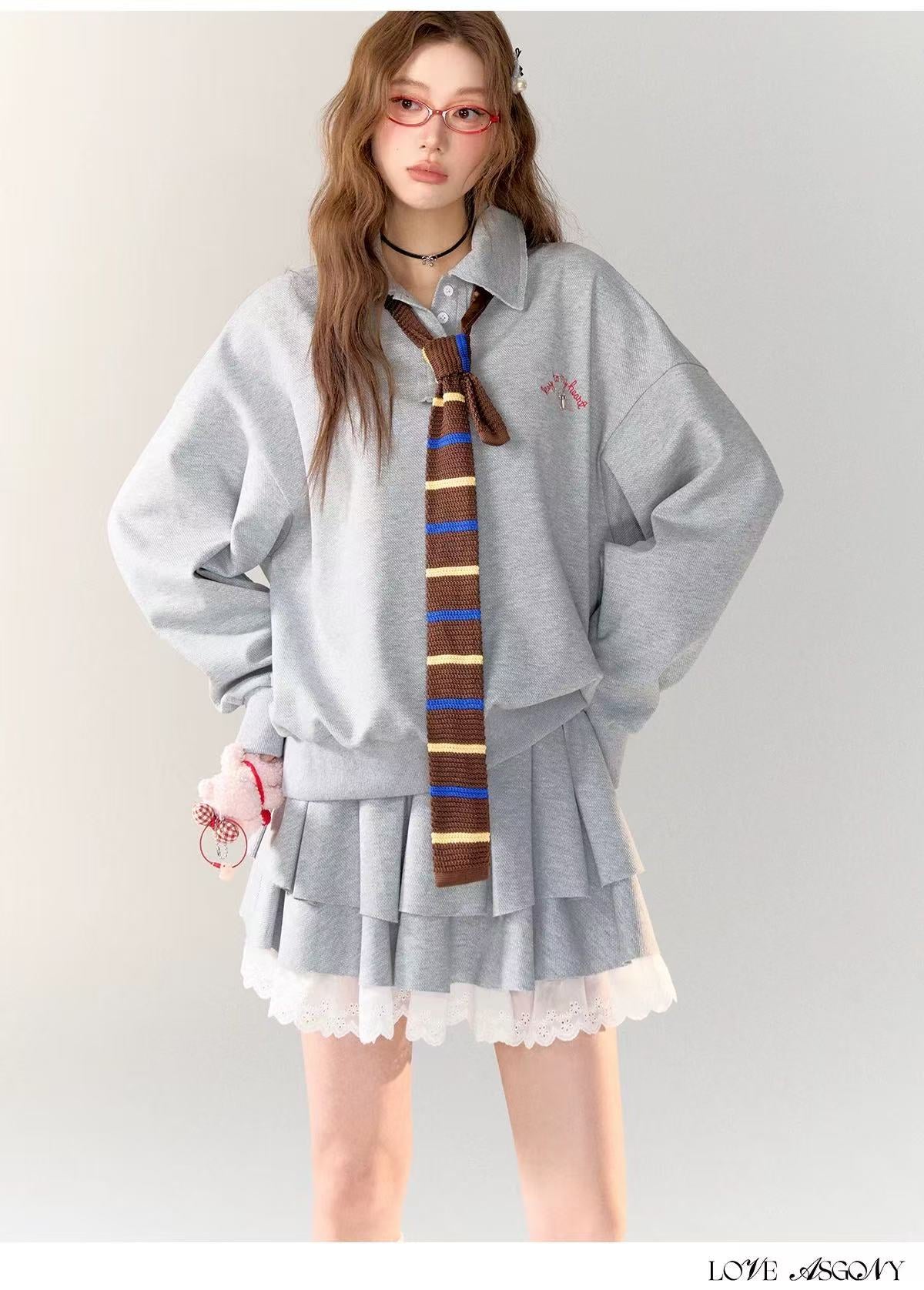 AsGony ASG24710 ASG24711 Preppy style hoodie + skirt set