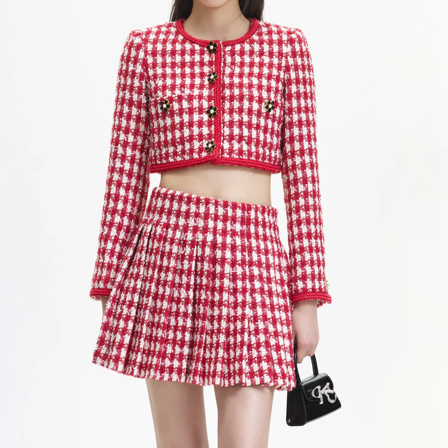 Self-Portrait Red Check Boucle Cropped Jacket