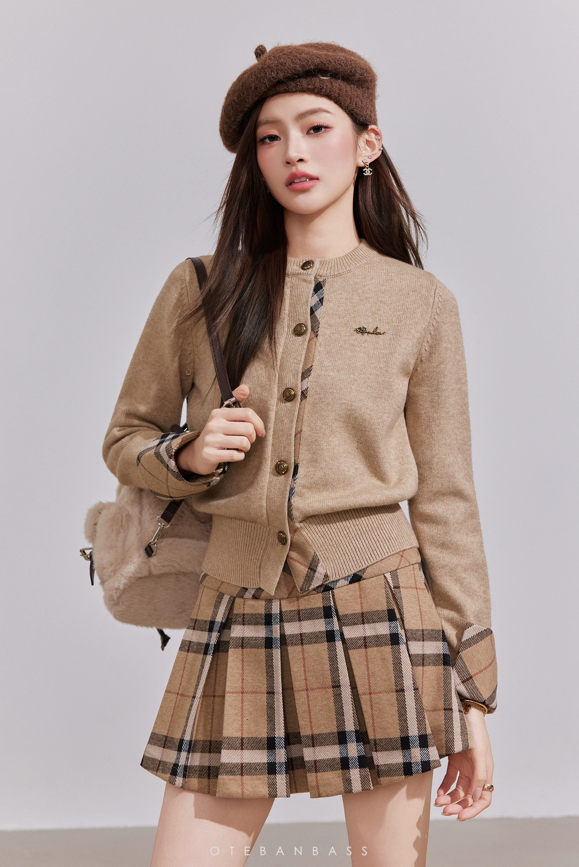 OTEBANBASS Preppy Knit Cardigan &amp; Plaid Skirt Set（SEPERATE)