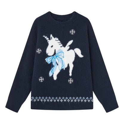 SOMESOWE S2508313 Snowflake Pony Soft Round Neck Sweater