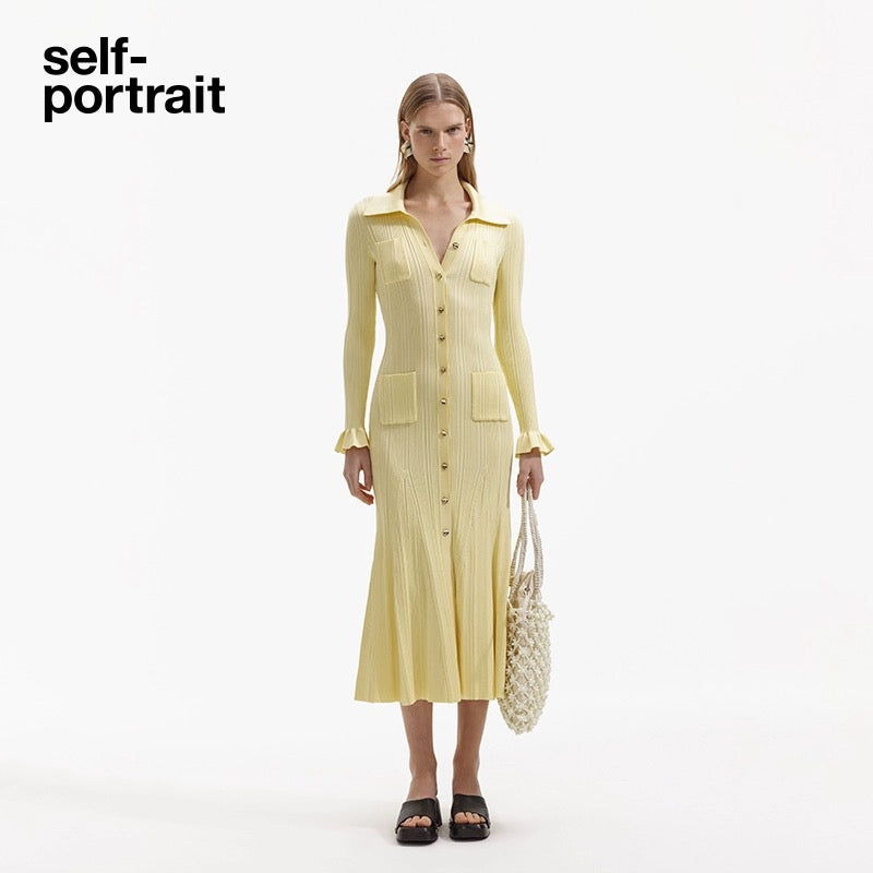 Self-Portrait YELLOW RIBBED VISCOSE KNIT MIDI DRESS