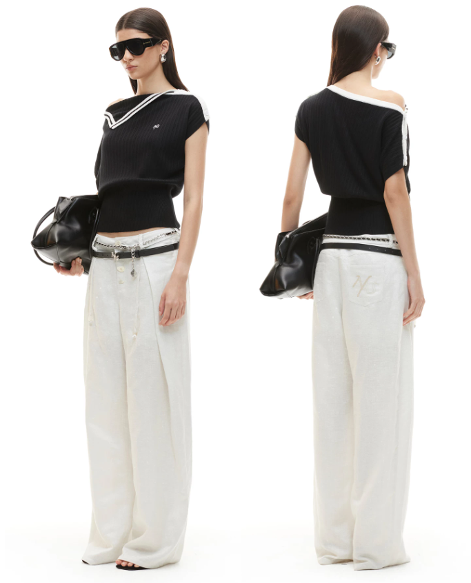 NAWS NAW-T074026 Contrast-Trim Asymmetric Off-Shoulder Striped Top