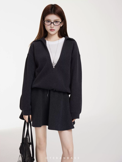 OTEBANBASS Deep Grey V-Neck Two-Piece Outfit Set