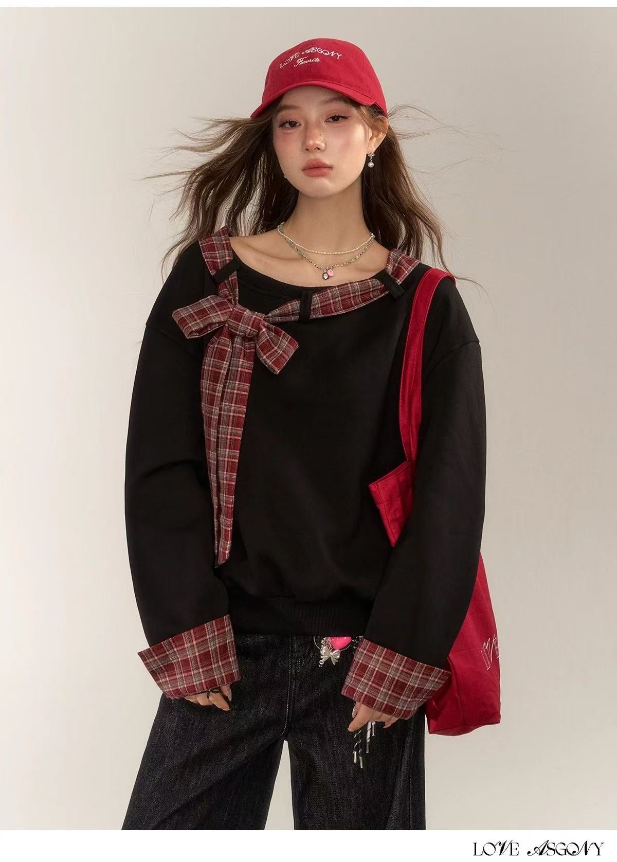 AsGony ASG24658 Splicing plaid bow hoodie