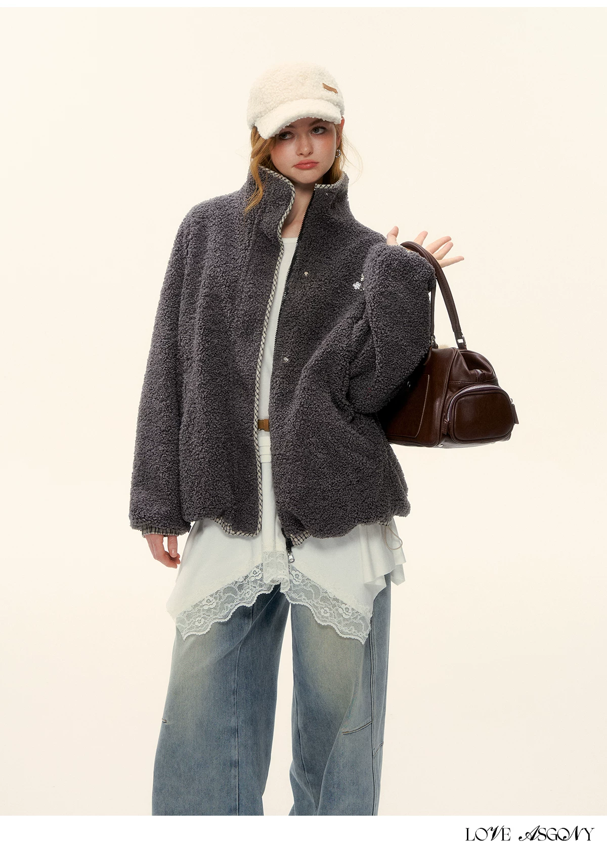AsGony ASG25616 Gray plaid fleece jacket