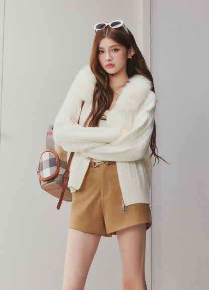 OTEBANBASS Ote260908 Fox Fur Hooded Cable Knit Cardigan
