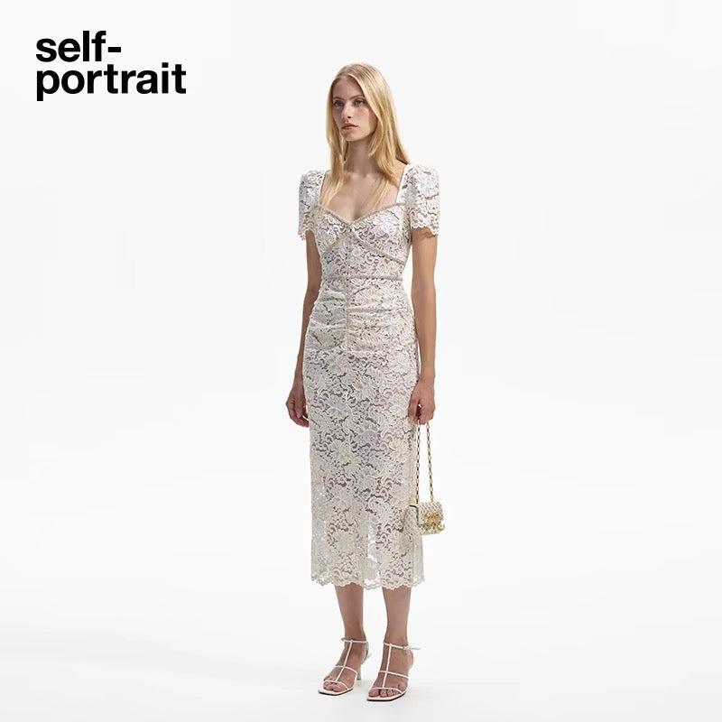 Self-Portrait SALE CREAM CORD LACE MIDI DRESS